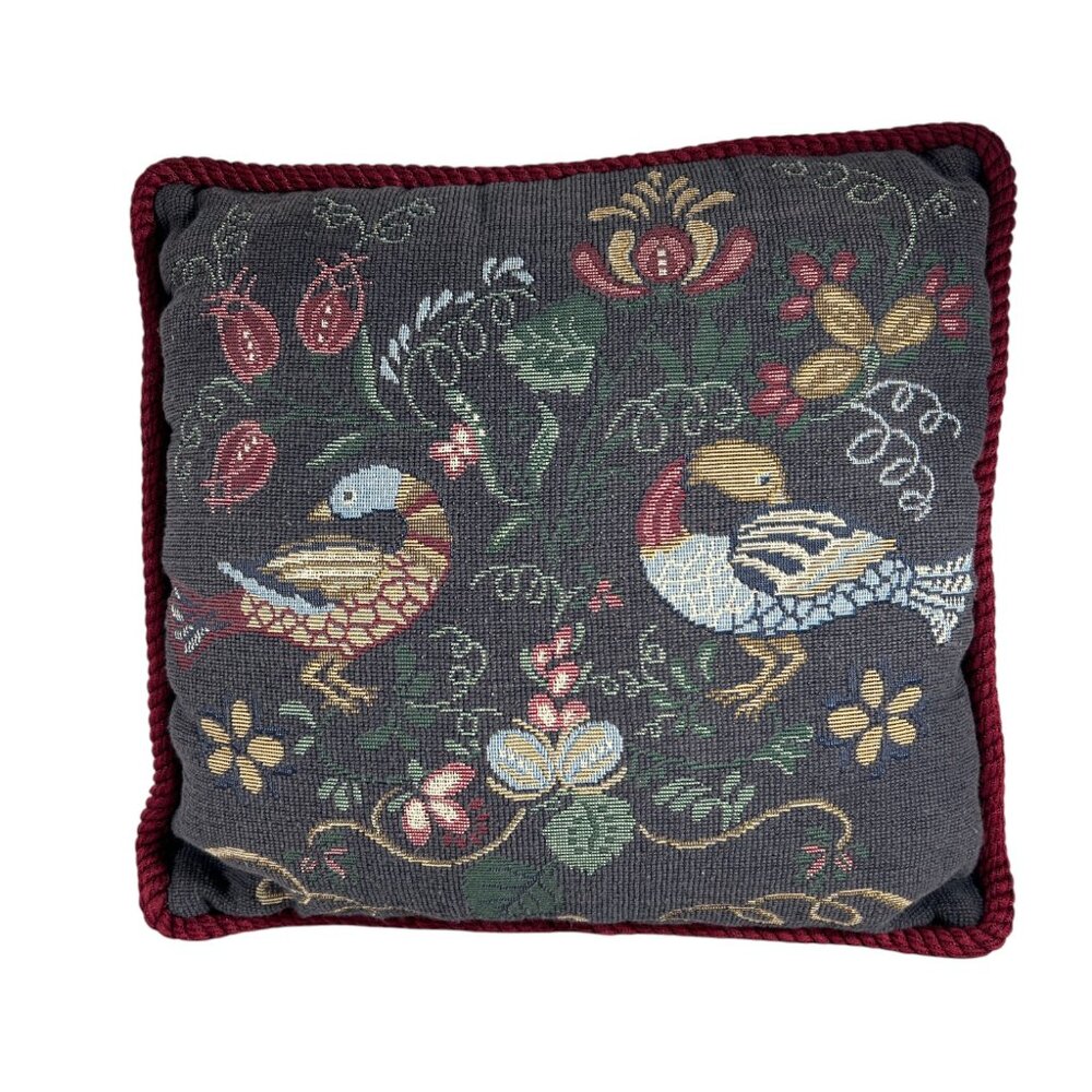Needlepoint Bird Floral Pillow Tapestry Style Twisted Burgundy Cord Trim
